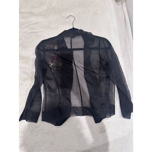 BCBG MAXAZRIA SIZE XS black womens sheer top blouse long sleeve with flower desi - Picture 6 of 6